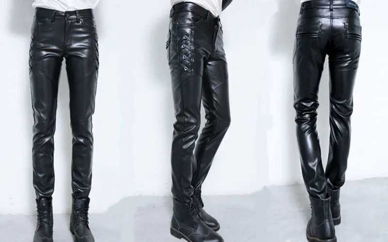 2025 Fall Winter Men Fashion Motorcycle Leather Pants Slim Fit Skinny PU Leather Trousers W250819