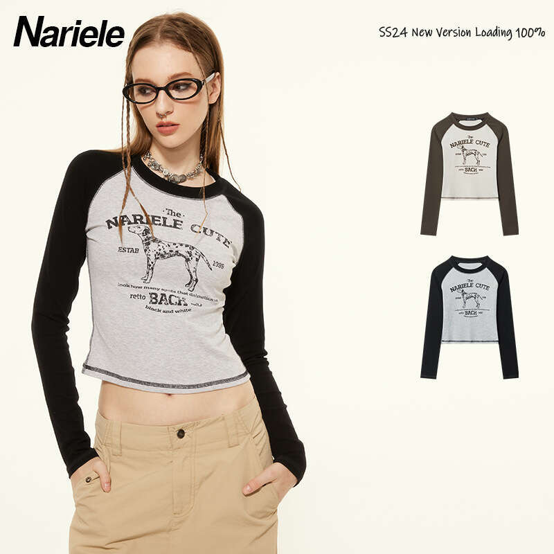 Letter Print Ins Niche Color Block Long Sleeve T-Shirt Round Neck Slimming Age-Reducing Versatile Top For Women B3