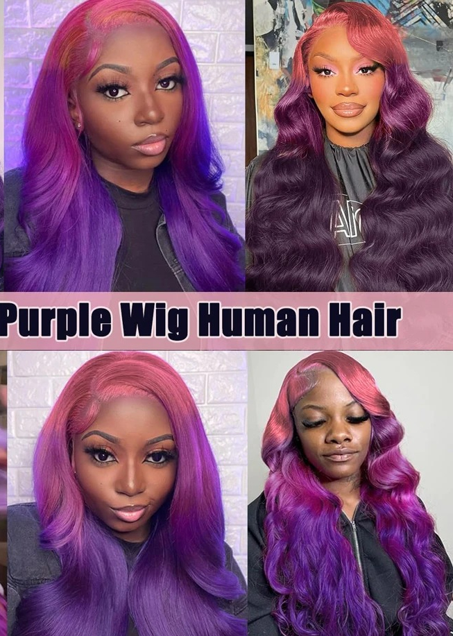 Violet Colored Ombre Purple Body Wave Human Hair Wigs 13x4 Pre Plucked HD Transparent Lace Front Wigs 200% Density Ready To Go Synthetic For Wemon