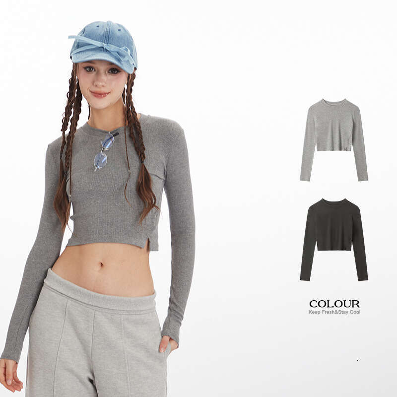 Spring And Autumn Hot Girl Sexy Slim Fit Slit Long Sleeve Women's Crop Top Short Tight Solid Color T-Shirt B5