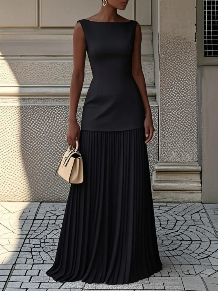 Women Elegant Solid Splice Pleated Skirts Set Sexy Slash Neck Sleeveless Tank Boho Dress Summer Hollow Slim Maxi Skirts 250819