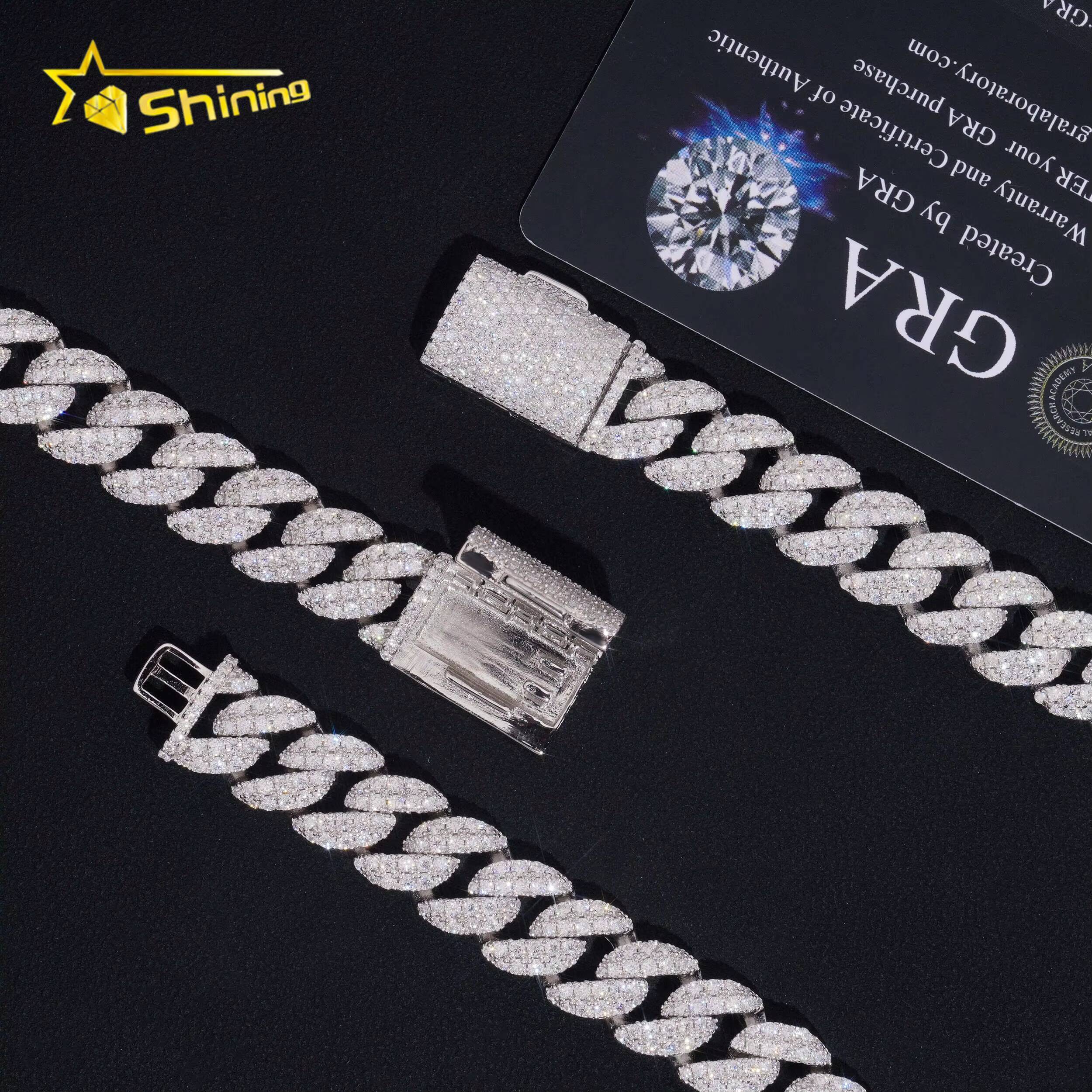 Promotion Sales Hip Hop Jewelry 12mm Width Moon Shape VVS Moissanite Cuban Link Chain 925 Sterling Silver Iced Out Men Necklace