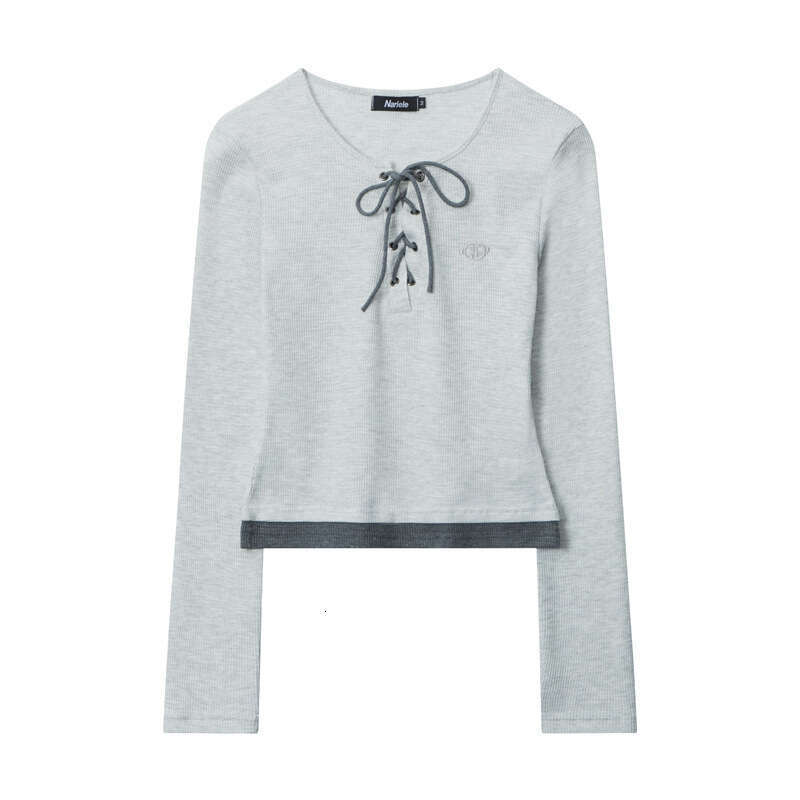 Spring And Autumn Waffle Design Slim Fit Color-Block Round Neck Tie-Up Hot Girl Long Sleeve Women's T-Shirt B3