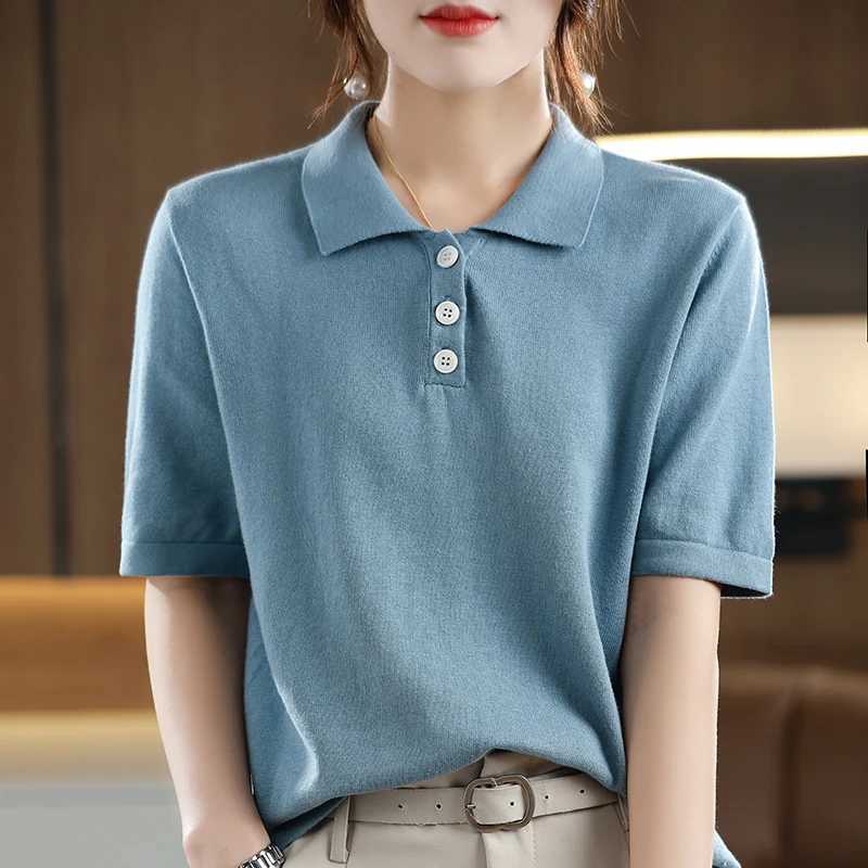 100% Cotton Summer Womens T-shirt Sweater Short Sleeve Casual Knitted Collar Womens Top Loose Pullover Button T-shirt XJ250819