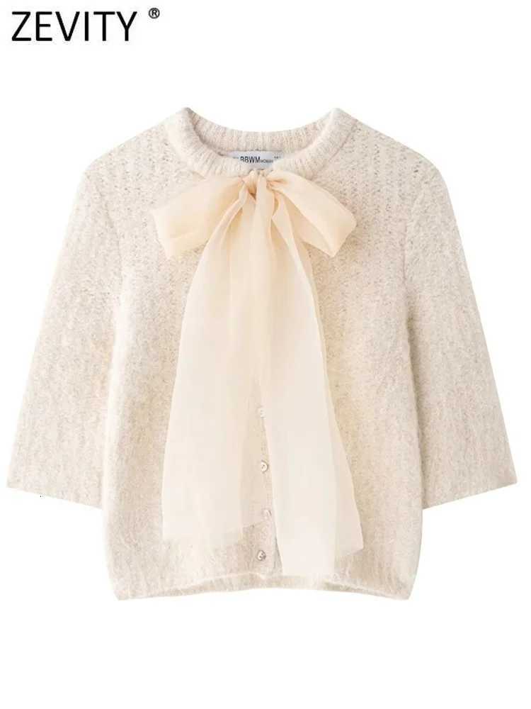 2023 New Women Fashion Transparent Organza Bow Tied Design Knitting Sweater Fe Chic Half Sleeve Pullovers Coat Tops SW7335XJ250819