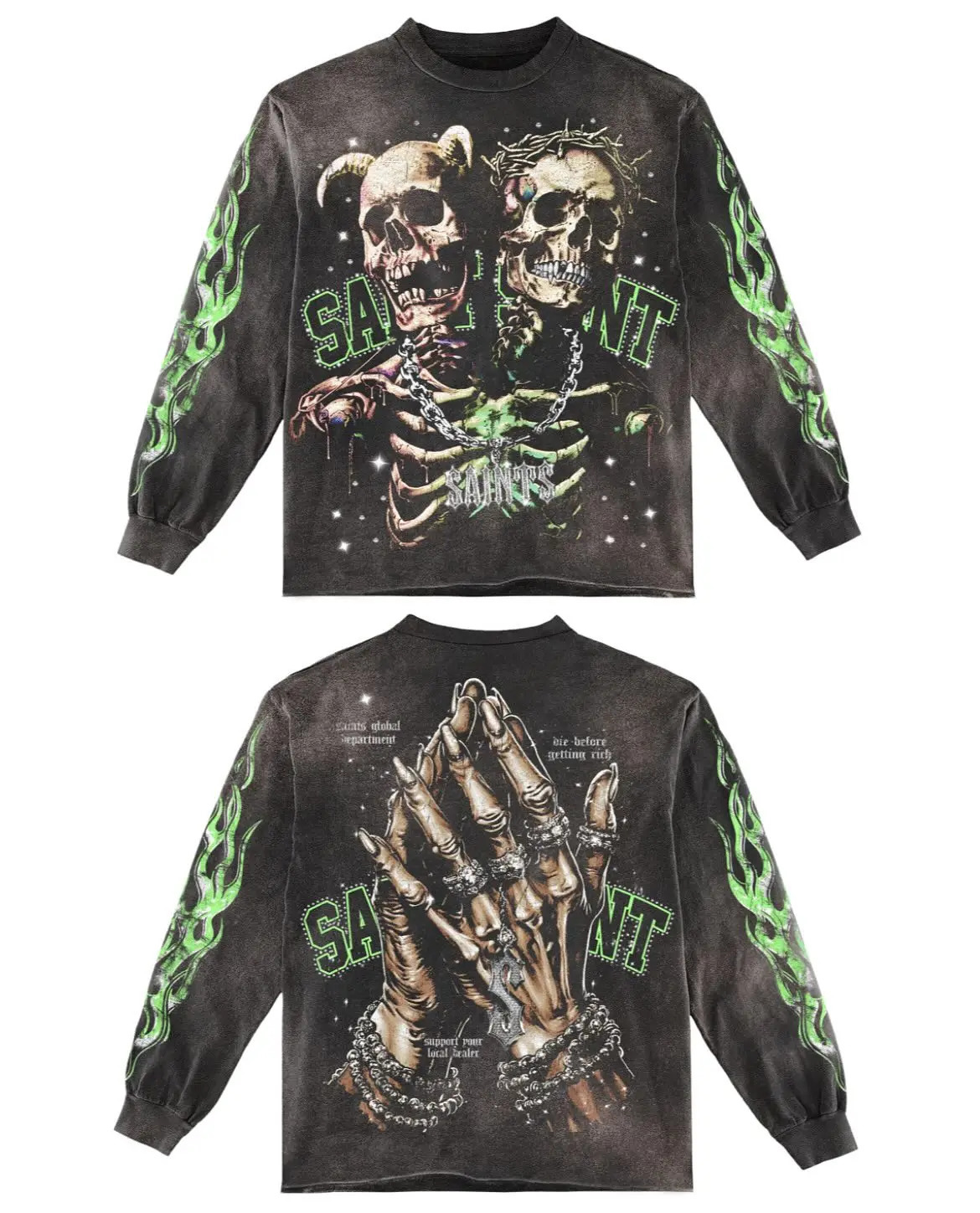 Skull Green Flame Graphic T Shirts Y2K Streetwear Men Oversized T Shirt Vintage Harajuku Crew Neck Black Cotton Long Sleeve Tops 250819