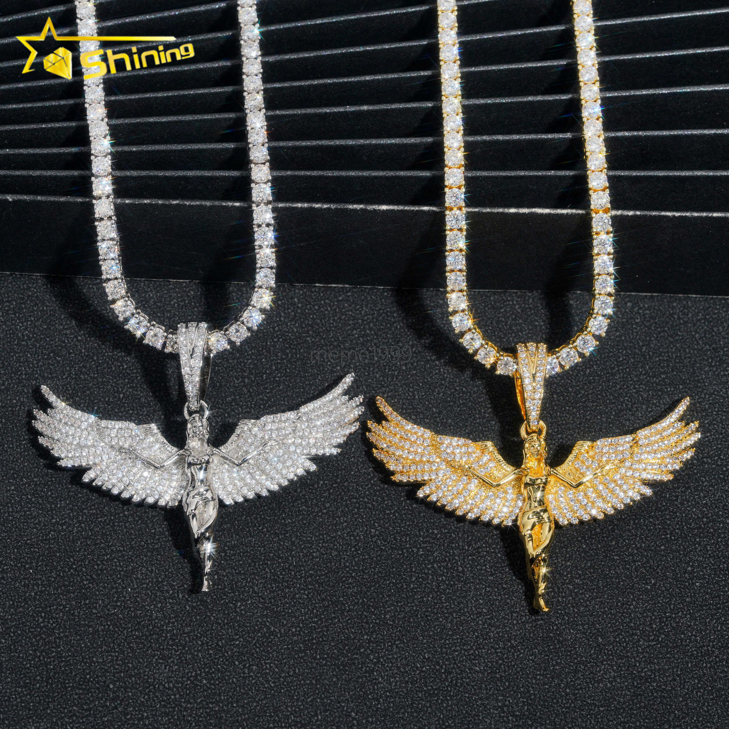 14k White Gold Plated Sterling Silver 925 Hip Hop Diamond Pave Moissanite Iced Out Angel Pendant