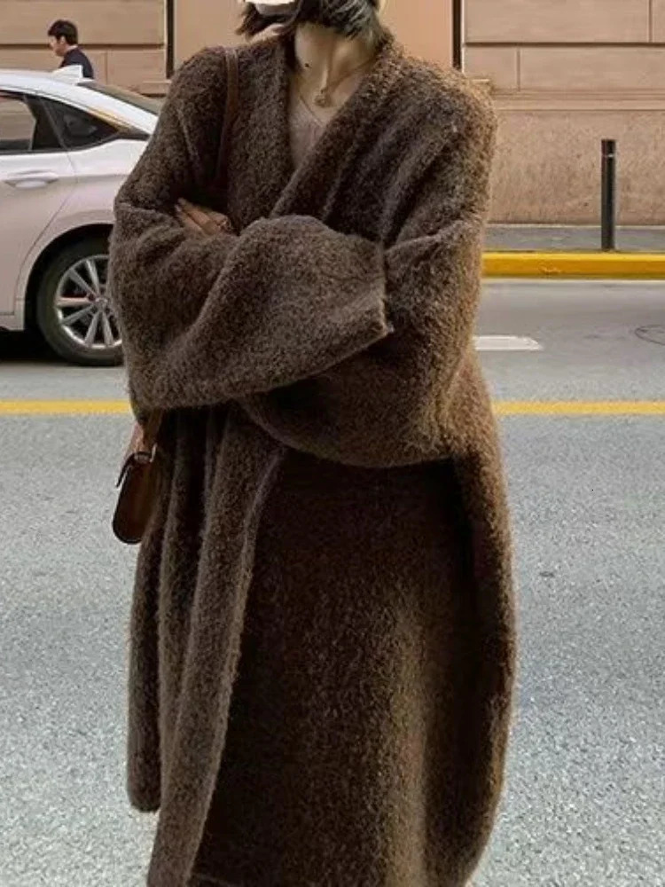 Long Cardigan for women winter clothes Knitted fluffy long sleeve Cashmere sweater coat clotkorean style warm vintage 250819