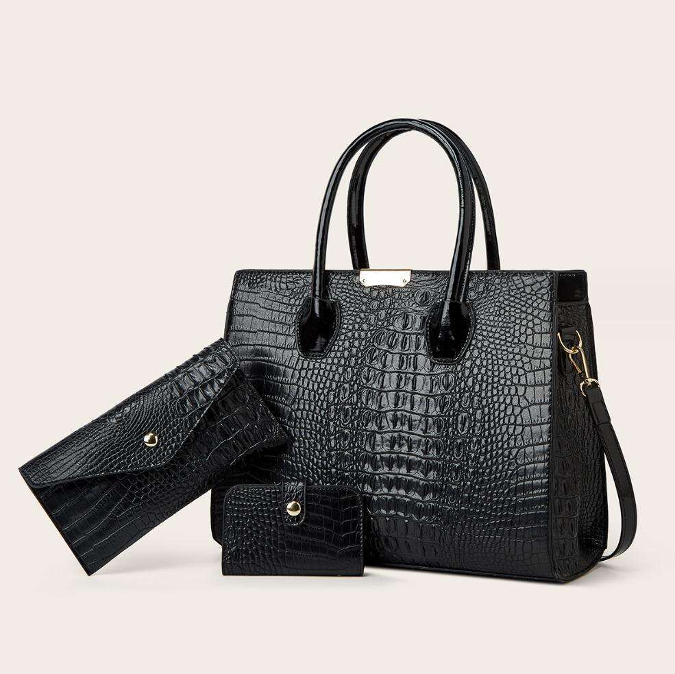 Women's fashion versatile crocodile texture gradient three piece set large capacity one shoulder cross body handheld tote bag
