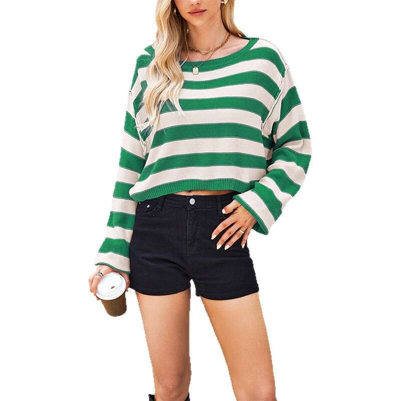 Autumn Winter Temu Women's Pullover Sweater Striped Loose Short Knitted Top B5