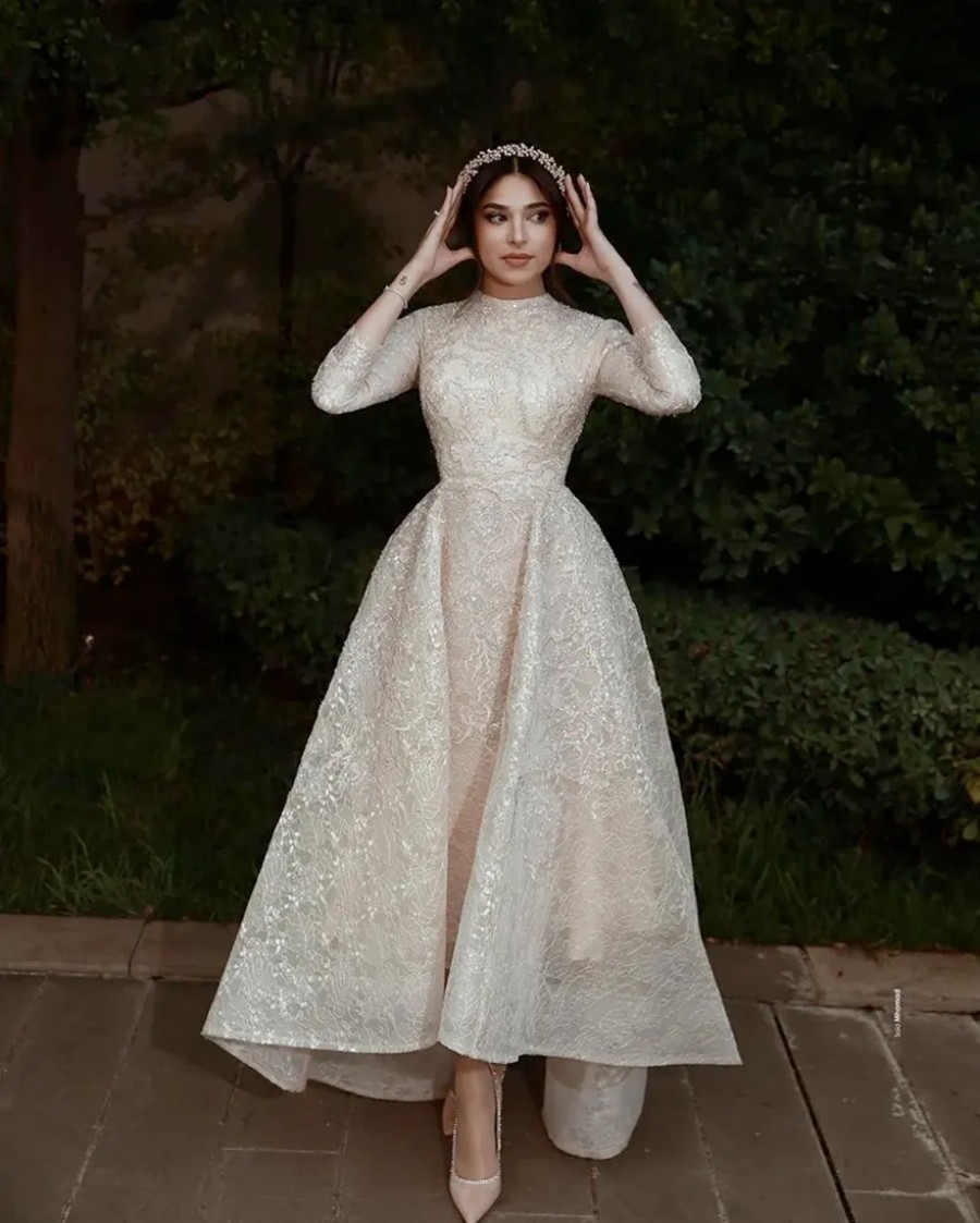 arabic aso ebi gold muslim lace wedding dresses beaded aline bridal dresses vintage sexy wedding gowns