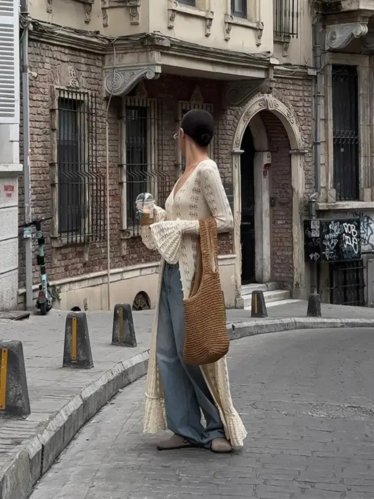 BWQ Chic Singlebreasted Hollow Out Knitted Cardigan Women Elegant V Neck Flare Long Sleeve Coat Autumn Fashion Streetwear 250819