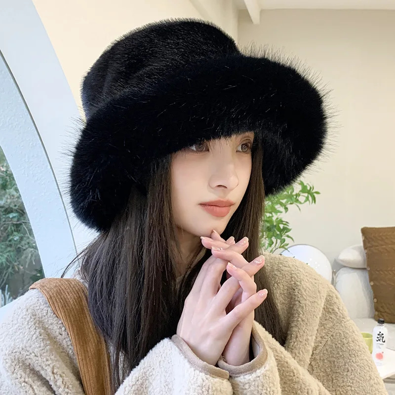 Winter Hat for Women Faux Fur Fluffy Bucket Hat for Women Plush Hat Thicken Snow Oversized Fur Bucket Hat Soft Panama Cap 250819