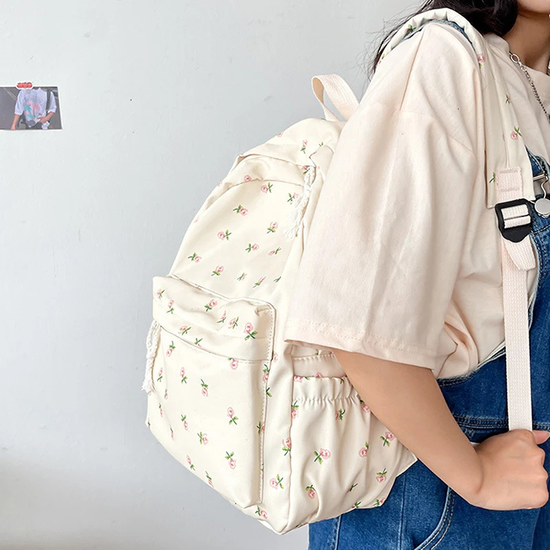 Student School Backpack Floral White School Bags For Teenage Girls Cute Womens Backpack Book Bag Nylon Rucksack250813