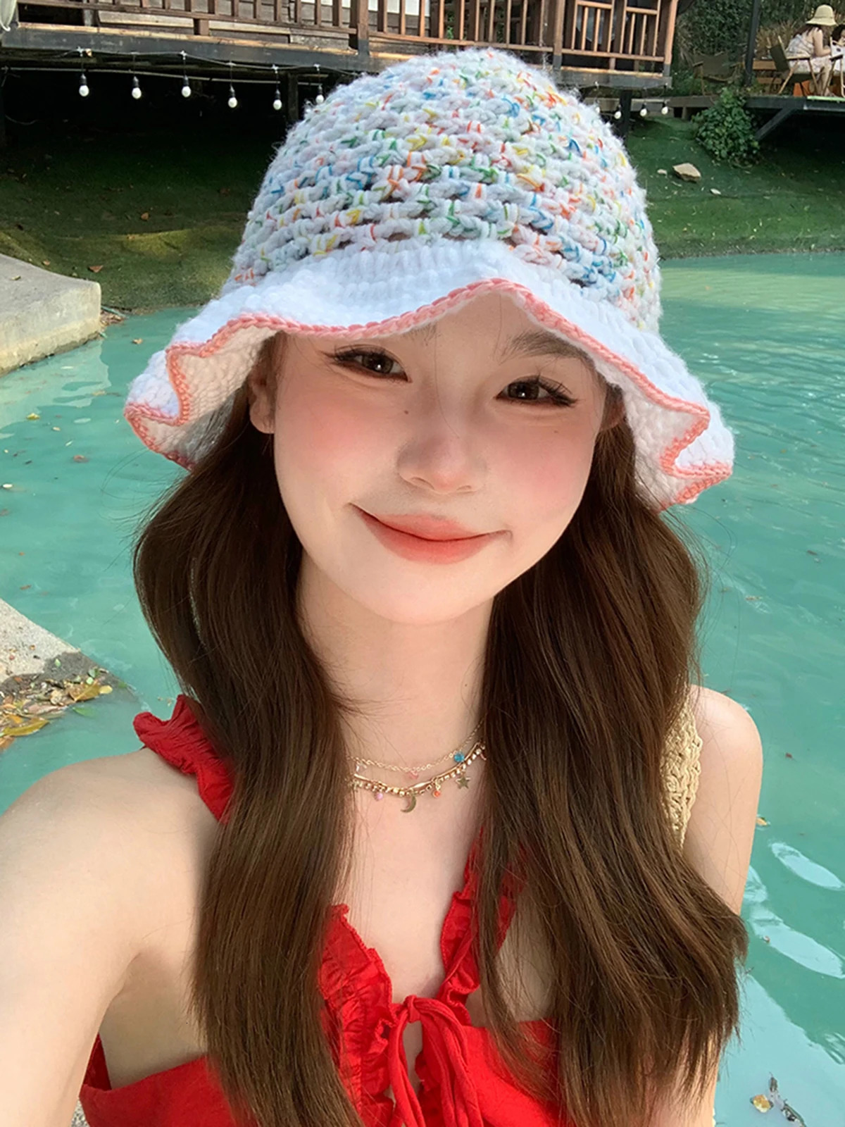 graceful lace Colorful Hook flower hat Hat Womens Autumn and Winter Cute Handmade Plush Hat Knitted Fisherman Bucket Hats 250819