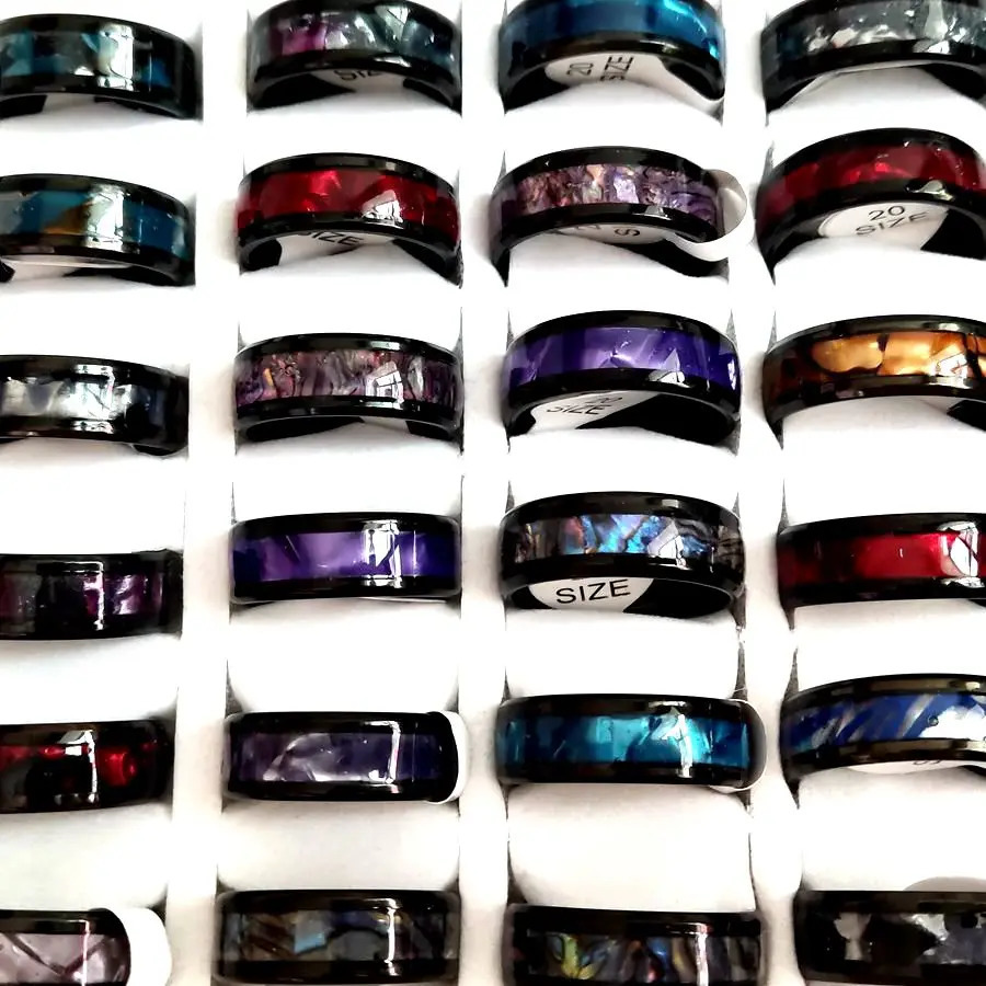 20pcs/lot Black Blue Quality Stainless Steel Bright Shell Band Ring Men Wedding Rings Women Party Jewelry 250815