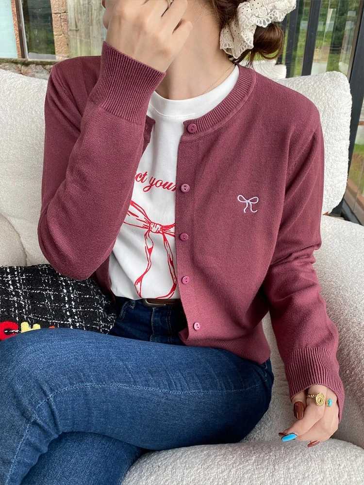 Korean Bow Embroidered Knitted Cardigan Women 2025 Autumn Winter Solid Full Sleeve Sweater Fashion O-Neck Single-Breasted Tops XJ250819