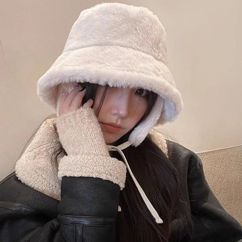 Korean Faux Fur Bucket Hat with Earflap Winter Warm Plush Ear Protection Fisherman Cap Solid Color Fluffy Fur Panama Cap 250819