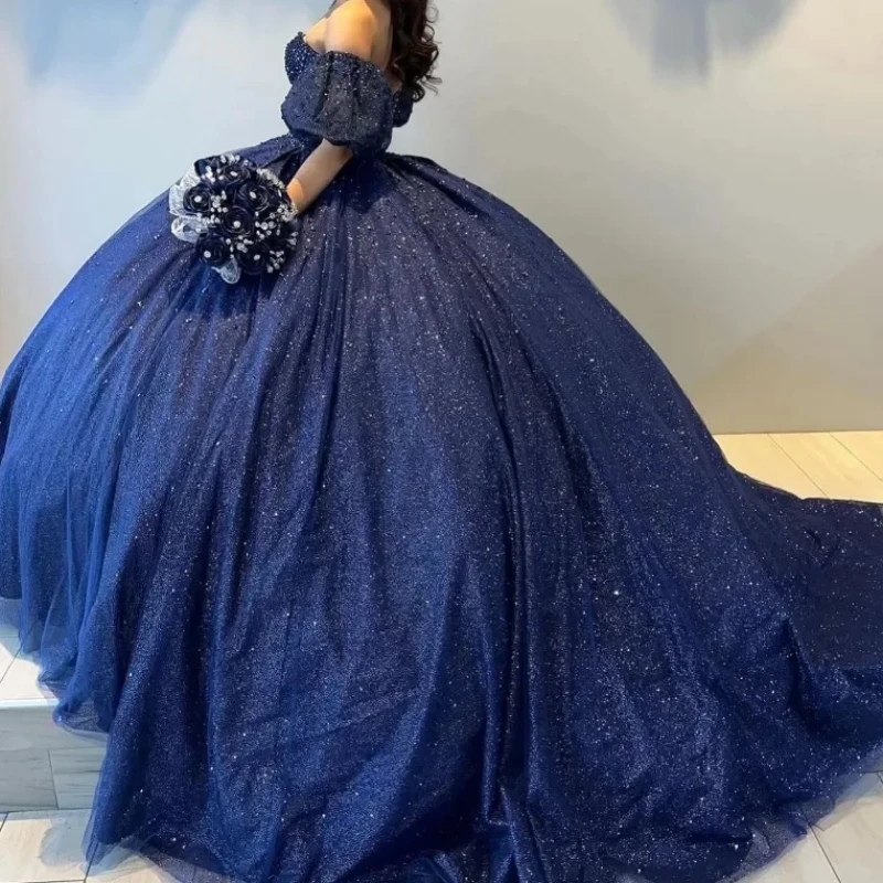 Navy Blue Shiny Princess Quinceanera Dresses Short Sleeves Beading Crystal Tull Vestidos De 15 Anos Birthday Party Gowns Sweet 16 Dress