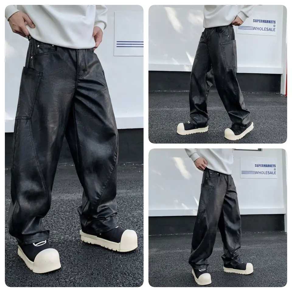 Latest Design Black Cargo Leather Pants Men Wide Leg Loose Fit Trousers Soft Side Pockets Street Pants W250819