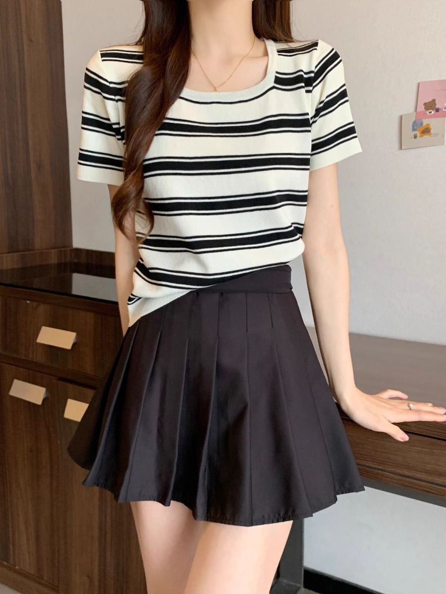 C7171 Summer slim square collar striped casual T-shirt