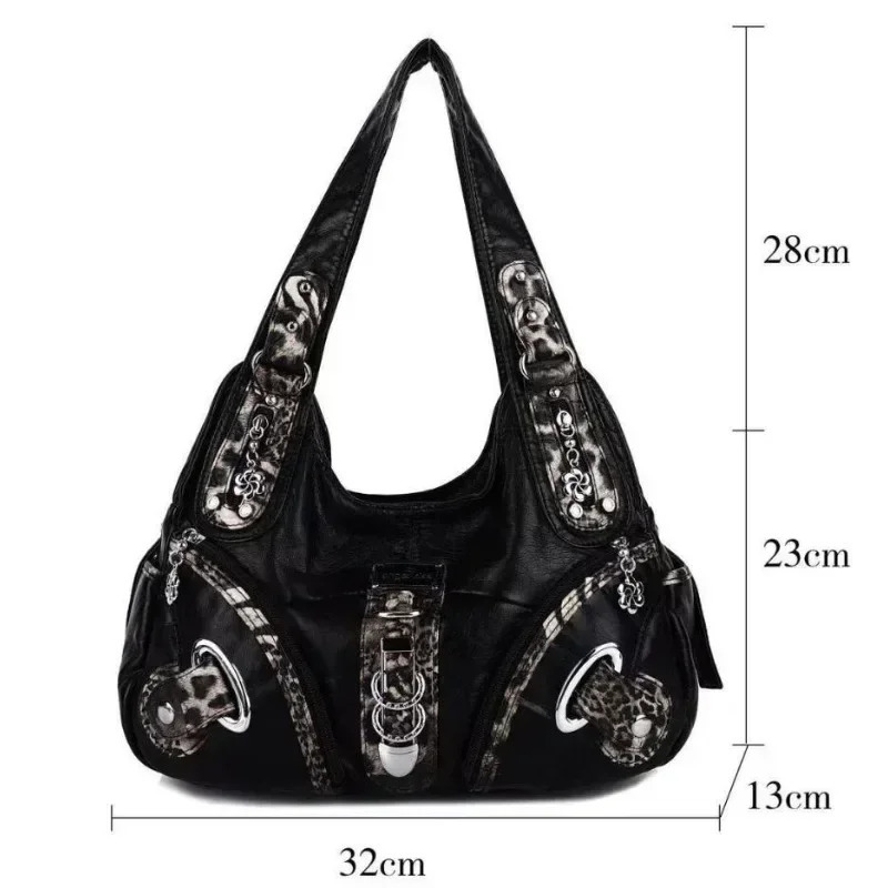 Women Vintage Leopard Print Handbags Punk Biker Satchel Top-handle Shoulder Bag Ladies Underarm Bags Multi-pockets Dumpling Pack 250818