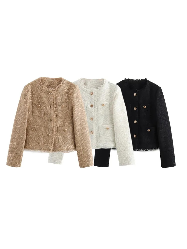 Chic Female Tweed Basic Jacket Coat Women Clothing Woolen Outerwear Long Sleeve Front Button Female Outerwear Chic Tops 250818