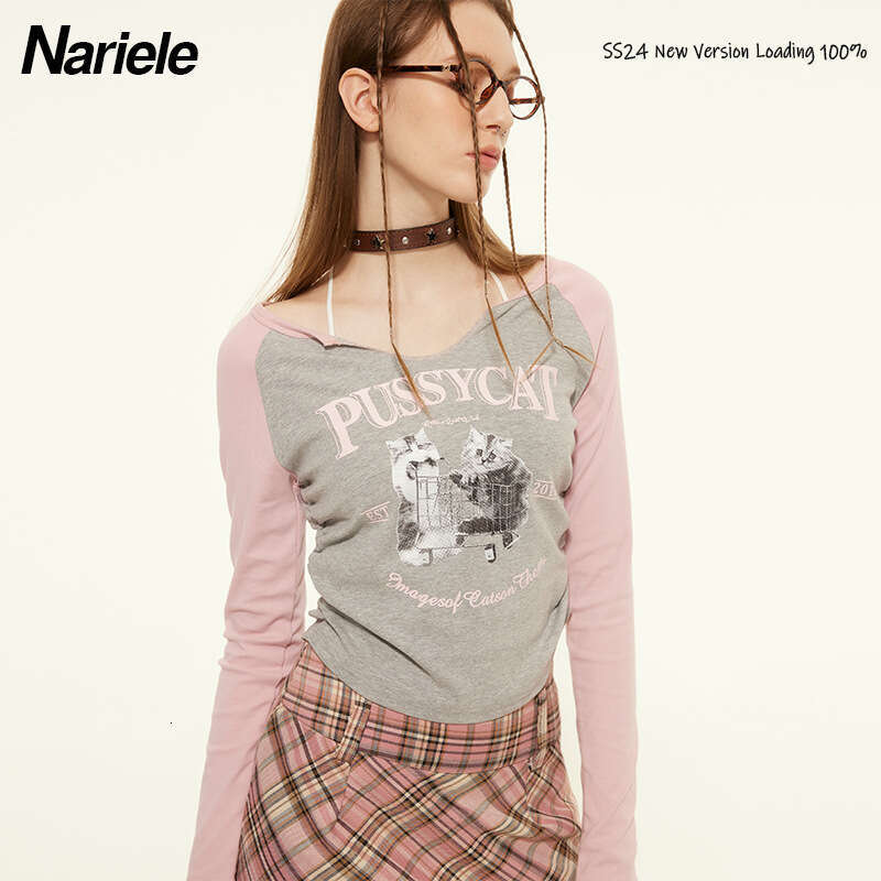 Color-Block Long Sleeve T-Shirt Women's Spring Ruched Design Hot Girl Slim Fit Short Top B3