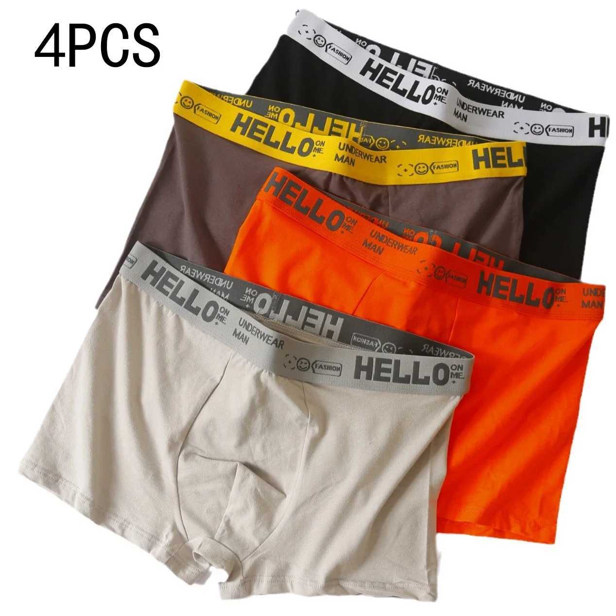 4PCS Mens Solid Color Antibacterial Underwear Mid-Waist Loose Comfortable Breathable Letter Plus Size Boxers Fat Underwear W250819