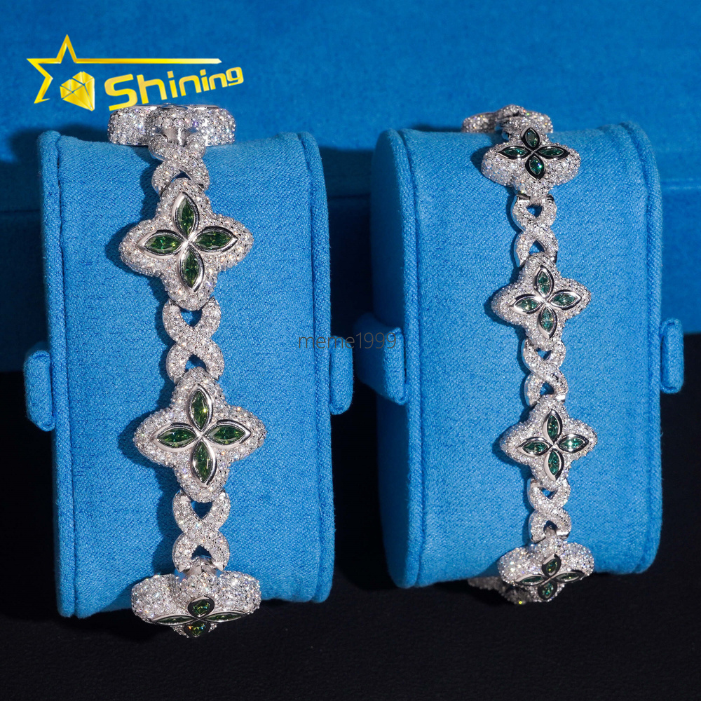 Rapper Hip Hop Jewelry 15mm 18mm Green Clover Moissanite Cuban Bracelet Custom 925 Silver Iced Out Infinity Moissanite Bracelet