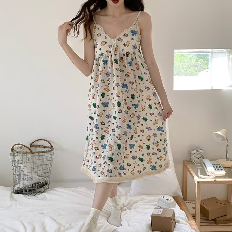 2025 women's models spring and summer sweet ins style halter mid-length loose nightgown female home dressred Patrick Spaghetti Straps hot-sale pr