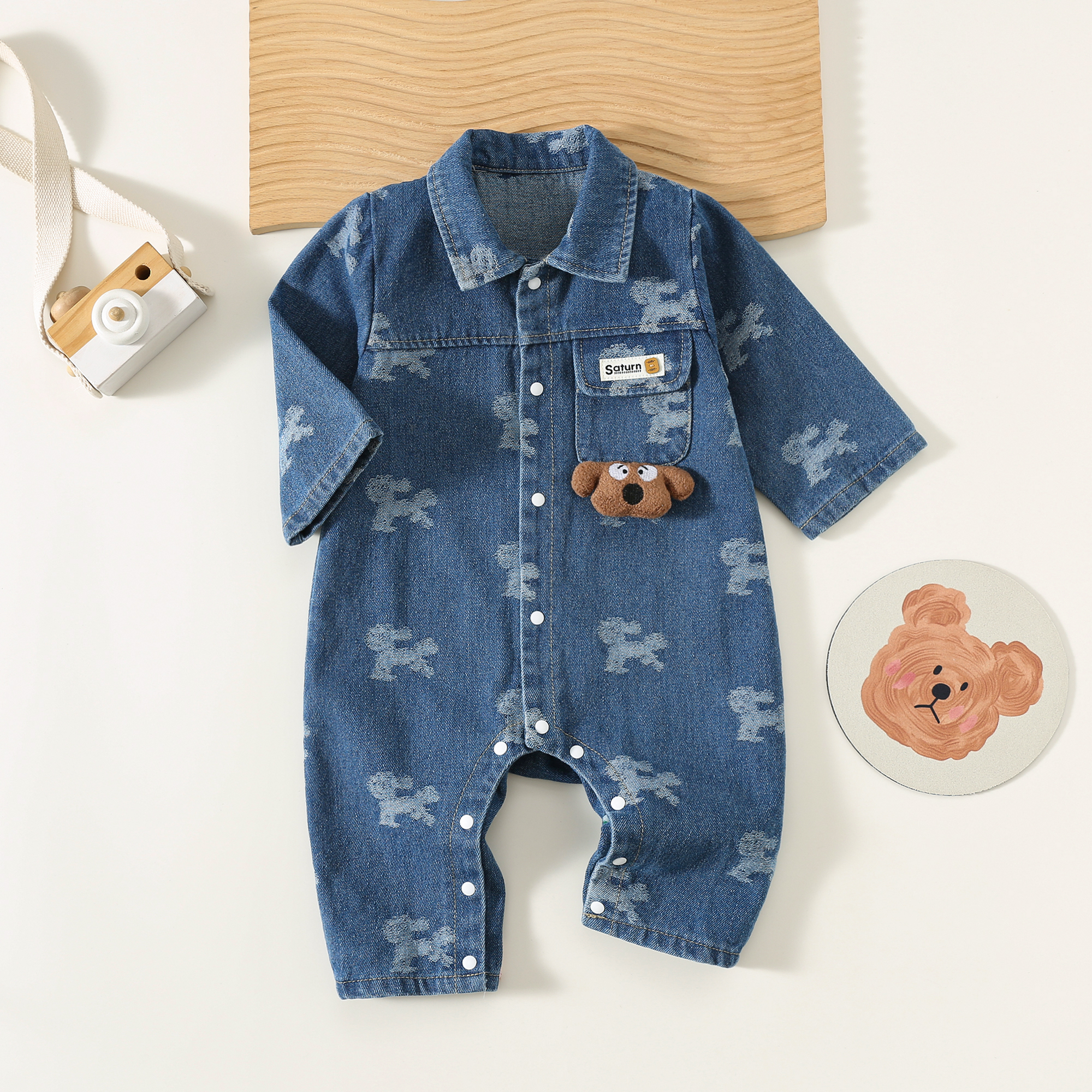 Male and female baby single-layer khai spring and autumn long sleeved outdoor clothes, new baby crawling clothes, three-dimensional puppy denim jumpsu
