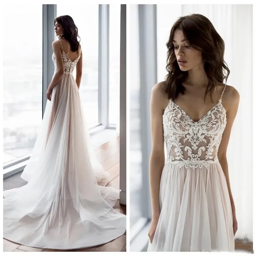 Sexy Spaghetti Straps Wedding Dresses Tulle Applique Bohemian Wedding Gown abiti da sposa Customized Bridal Dress