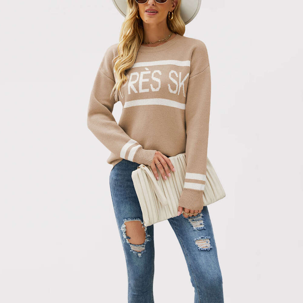 New Autumn Winter Temu Round Neck Letter Jacquard Casual Women's Knitted Sweater B5