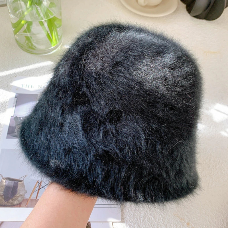 Womens Winter Rabbit Fur Bucket Hat Warm Knitted Fisherman Beret for Cold Weather Korean Japanese Style Unisex Outdoor Travel 250819