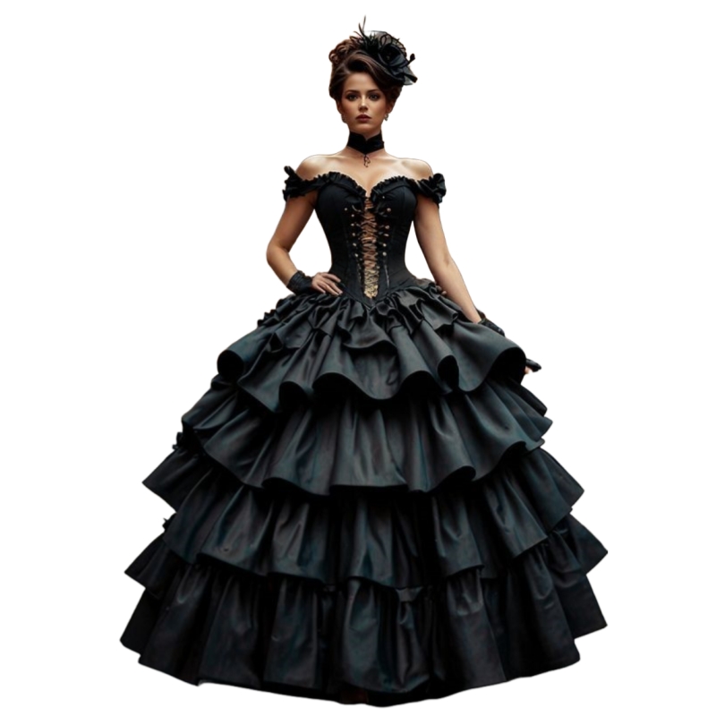 Steampunk Black Gothic Wedding Dresses Corset Off Shoulder Tiered Bridal Gown Floor Length Customized Vintage Vestidos De Novia