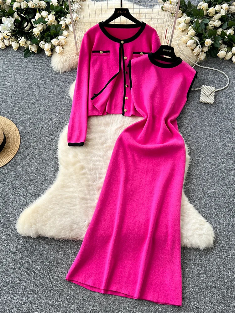 SINGREINY Ladies Elegant OL Knitted 2pcs Suits Basic Single Breasted CardiganSleeveless Slim Fit Dress Autumn Sweater Sets 250818
