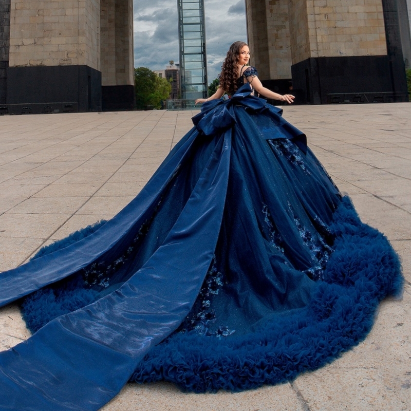 Navy Blue Shiny Princess Sweet 16 Dress Dress Quinceanera Dresses Applique Flower Beading Tiered Tull Party Birthday Vestidos 15 De Anos