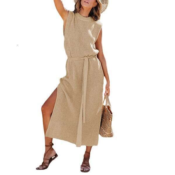 New Women's Round Neck Solid Color Dress With Slit And Belt Knitted Sweater B5