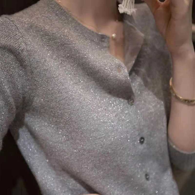 Spring and Autumn Thin Womens Round Neck Knit Solid Color Bright Silk Cardigan Jacket Loose Bottoming Cardigan Sweater XJ250819