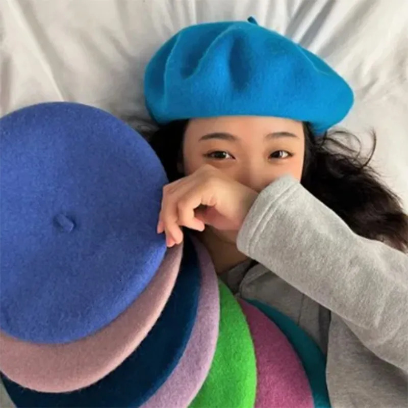 Vintage Winter Thick Warm Woolen Plain Beret Hat for Womens Girls French Artist Fashion Casual Solid Color Black Red Beanie Cap 250819