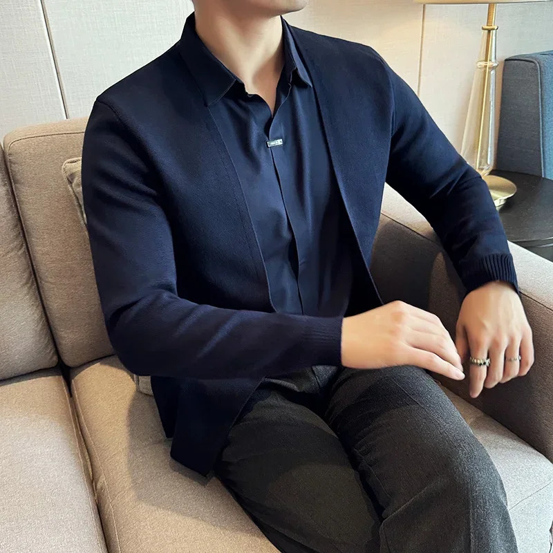 Autumn 2 Pieces Knitted Cardigan Traceless Shirt Collar Spliced Casual Pullovers Fashion Men Slim Sweater Coats 4XLM 250819