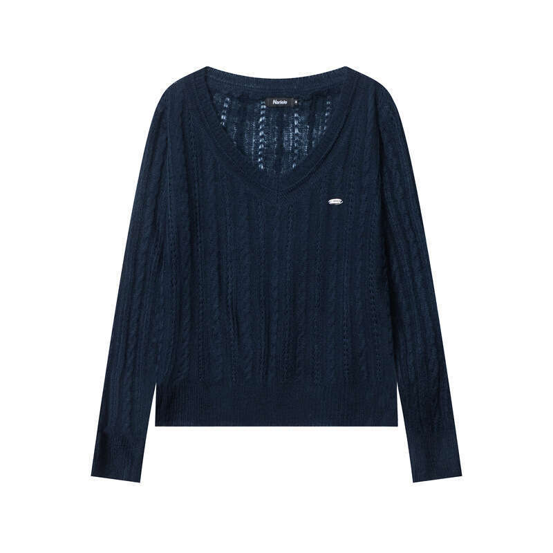 Platinum Hand-Sewn Label Spring Solid Color Fashion V-Neck Long Sleeve Cable Knit Sweater For Women B3