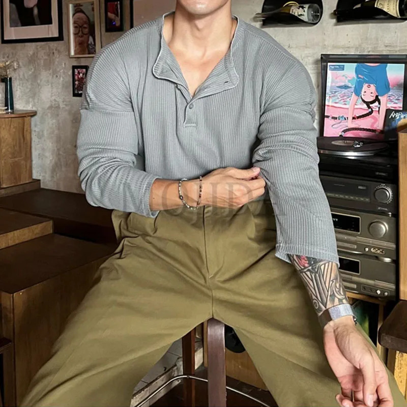 Vintage Trend Fashion Men T-Shirts Spring Autumn Solid O-Neck Button Waffler Elastic Quick Dry Casual Loose Long Sleeve Tops 250818