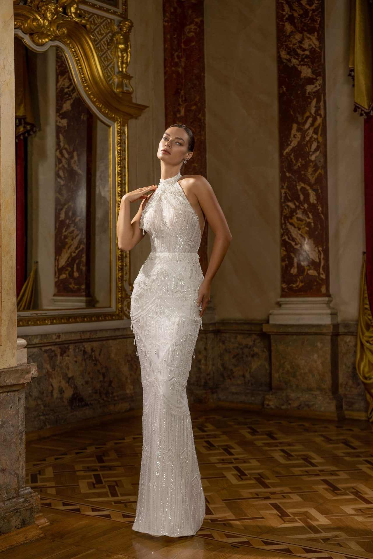 Sexy Halter Pearls Wedding Dress Women Sleeveless Sequined Lace Mermaid Bride Dresses Customized Floor Length Bridal Gown