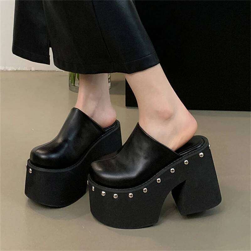 Eilyken Fashion Design Rivets Solid Platform Slippers Women Thick Bottom High Heels Shoes Summer Party Dress Zapatos Mujer