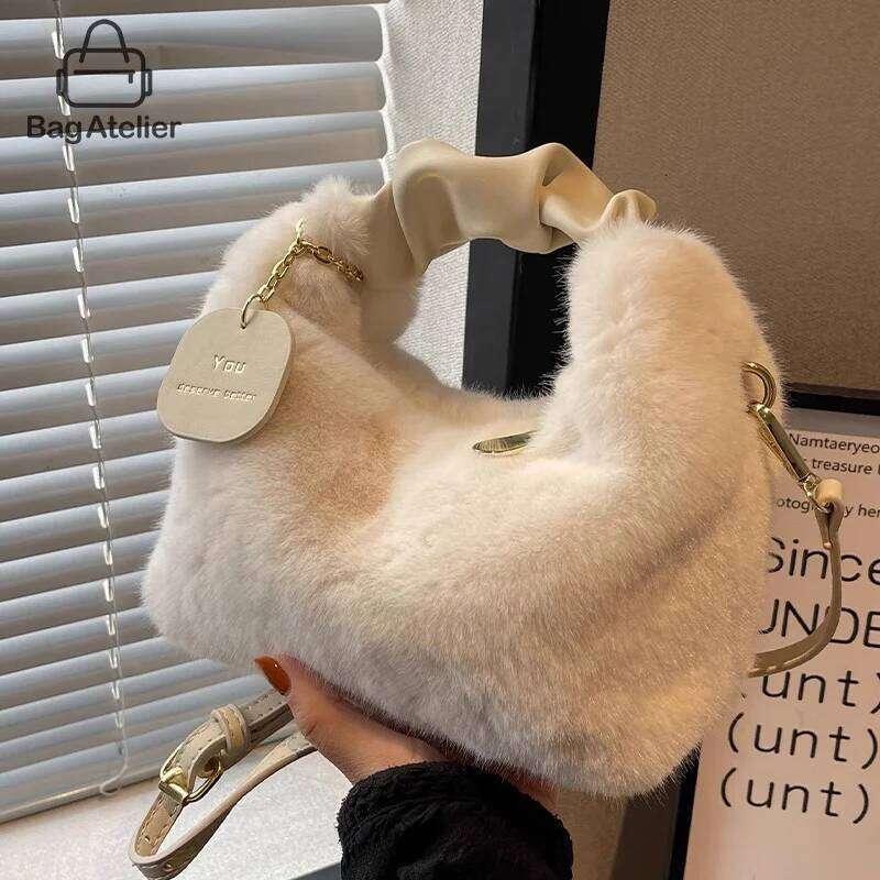 Autumn And Designer Furry Handbag Purses for Women PU Leather Shoulder Fluffy Soft Crossbody Fall Winter Ladies Top Handle Clutch Purse Bag