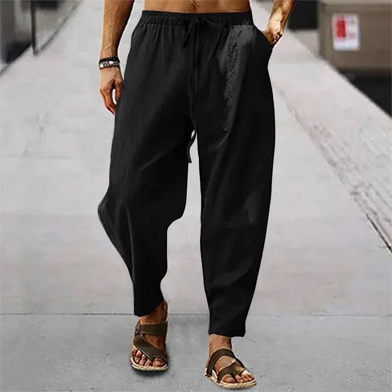 2025 Men Cotton Linen Pants Summer and Autumn Solid High Waist Wide-Leg Trousers Male Loose Hemp Casual Breathable Sports Pants W250819