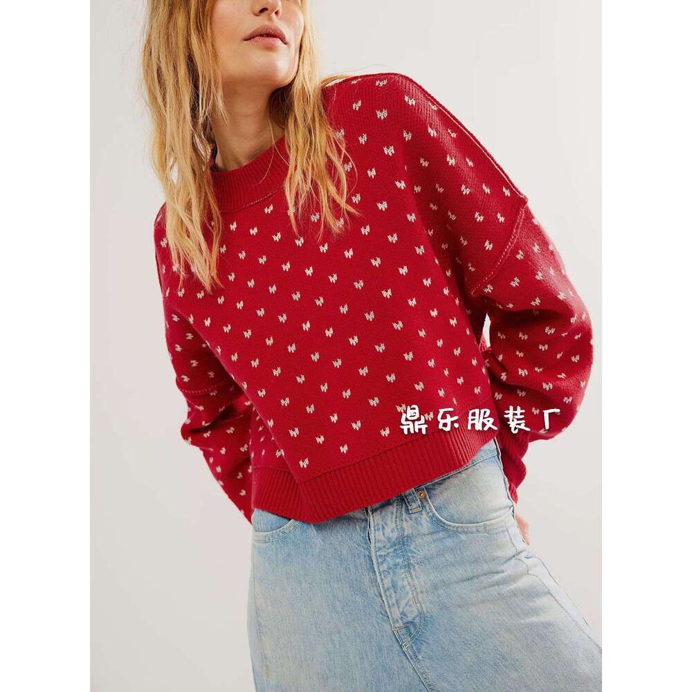 New Autumn Winter Round Neck Knitted Sweater Short Loose Butterfly Jacquard Pullover Women's Fashion B5