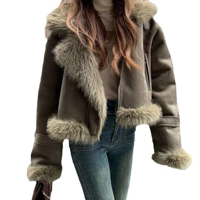 2025 New Fur Integrated Jacket Suede Short Motorcycle Suit Women's Korean Casual Jacket Winter